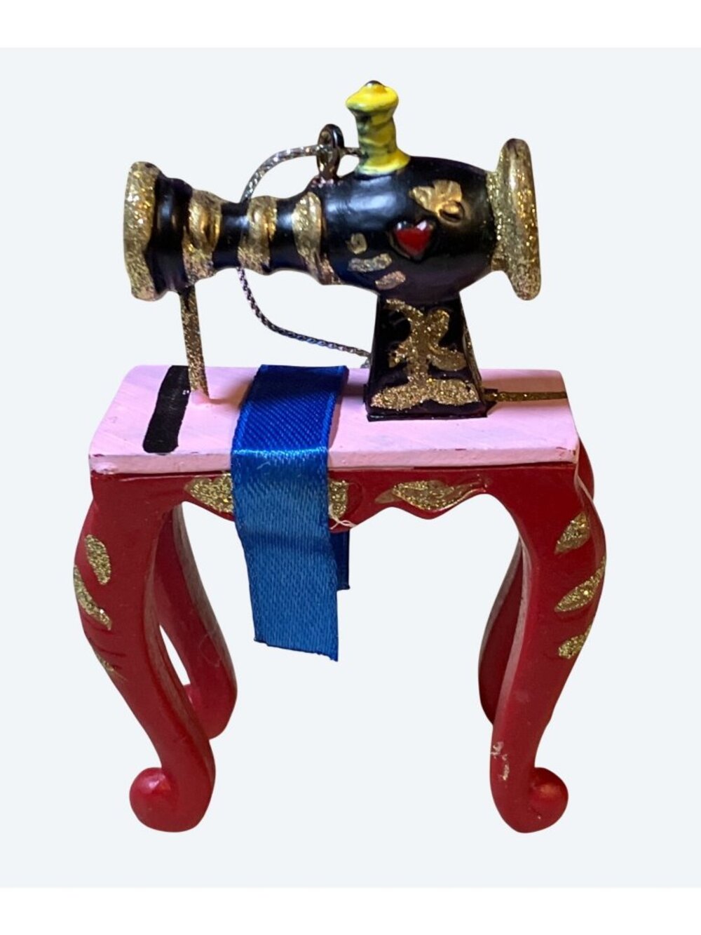 Miniature Sewing Machine Ornament With Glittered Accents and Decorative Table